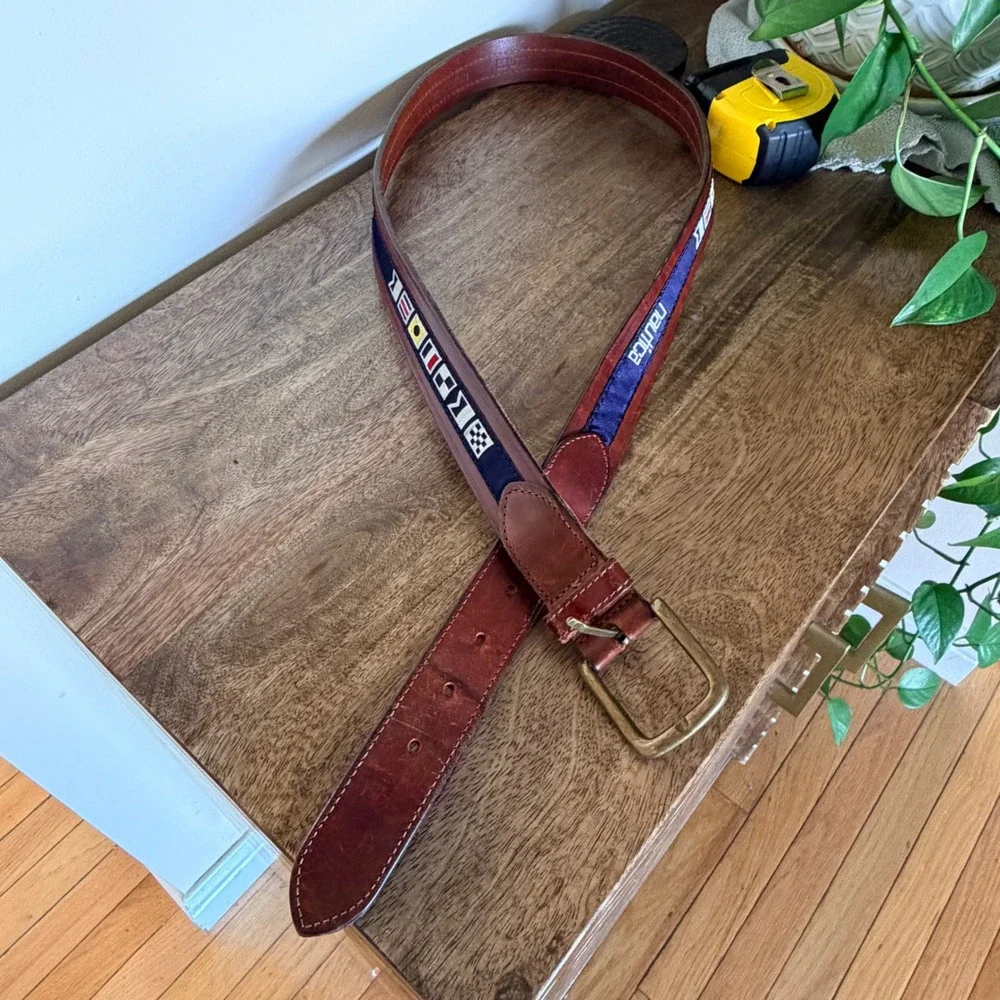 Leather Nautical Inlay Flag Belt Mens 40 Brown Brass Buckle Preppy Coastal Style